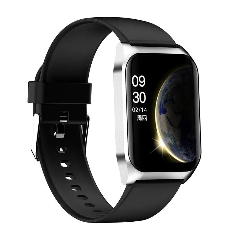 Black or silver smart watch with 1.69-inch screen on a silicone strap, showing heart rate and call functions.