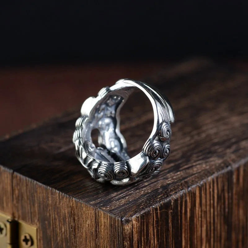 Sterling silver Jibeast zodiac diamond open ring showing adjustable design and animal modelling detail