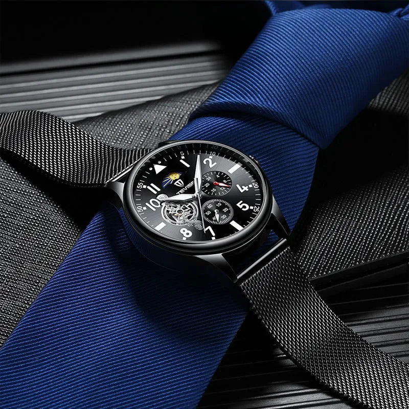 Men's black mechanical watch with moon phase complication and luminous hands on alloy case