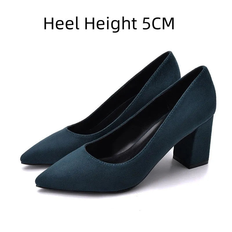 Navy blue suede low-cut high heels with pointed toe, rubber sole, and 5cm or 7cm heel
