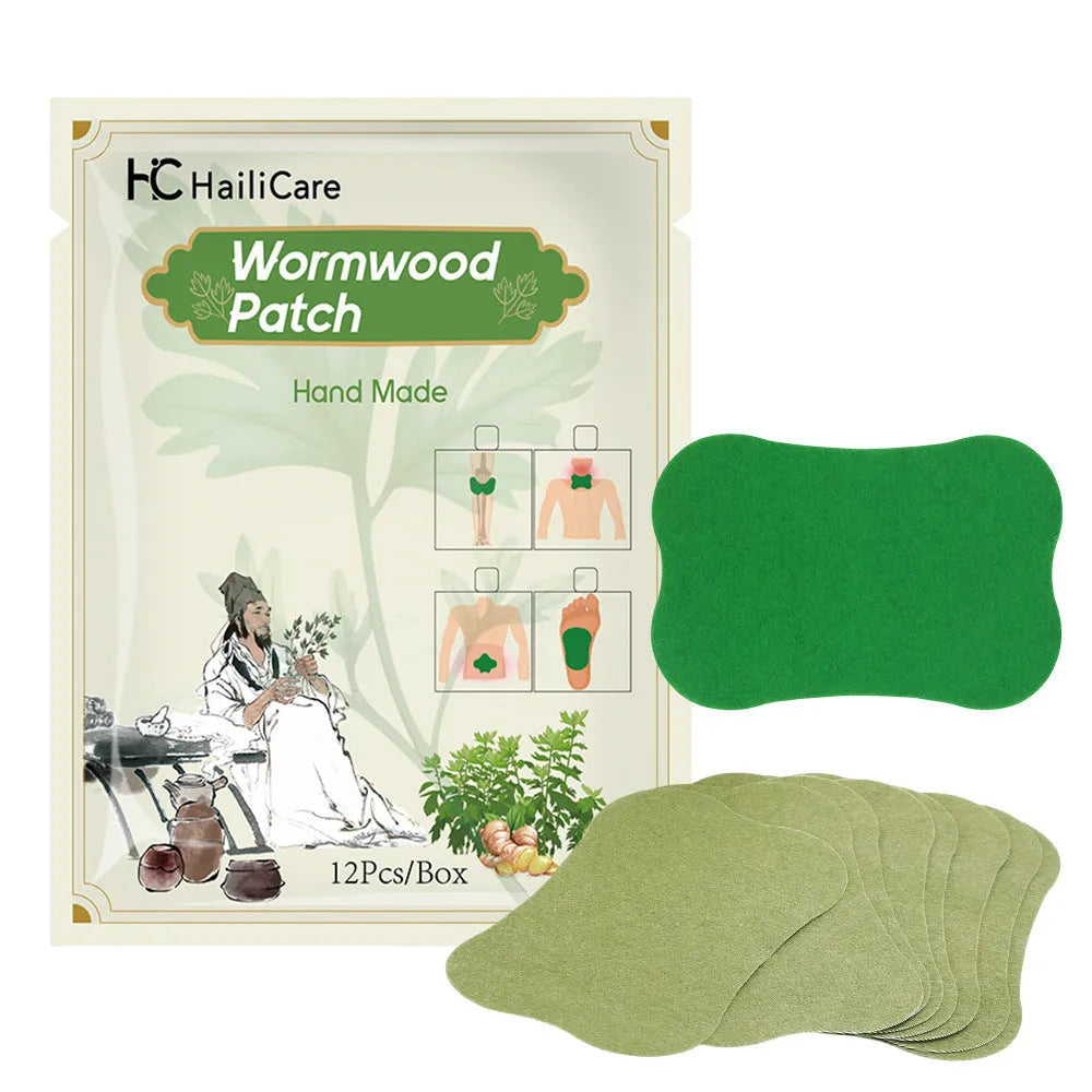 Bag of 12 Chinese mugwort herbal adhesive patches for knee, lumbar, cervical spine and foot application.