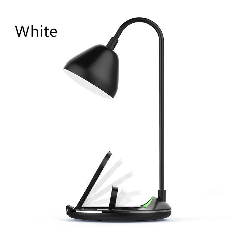 Black magnetic folding wireless charger with phone stand unfolded showing iPhone placement