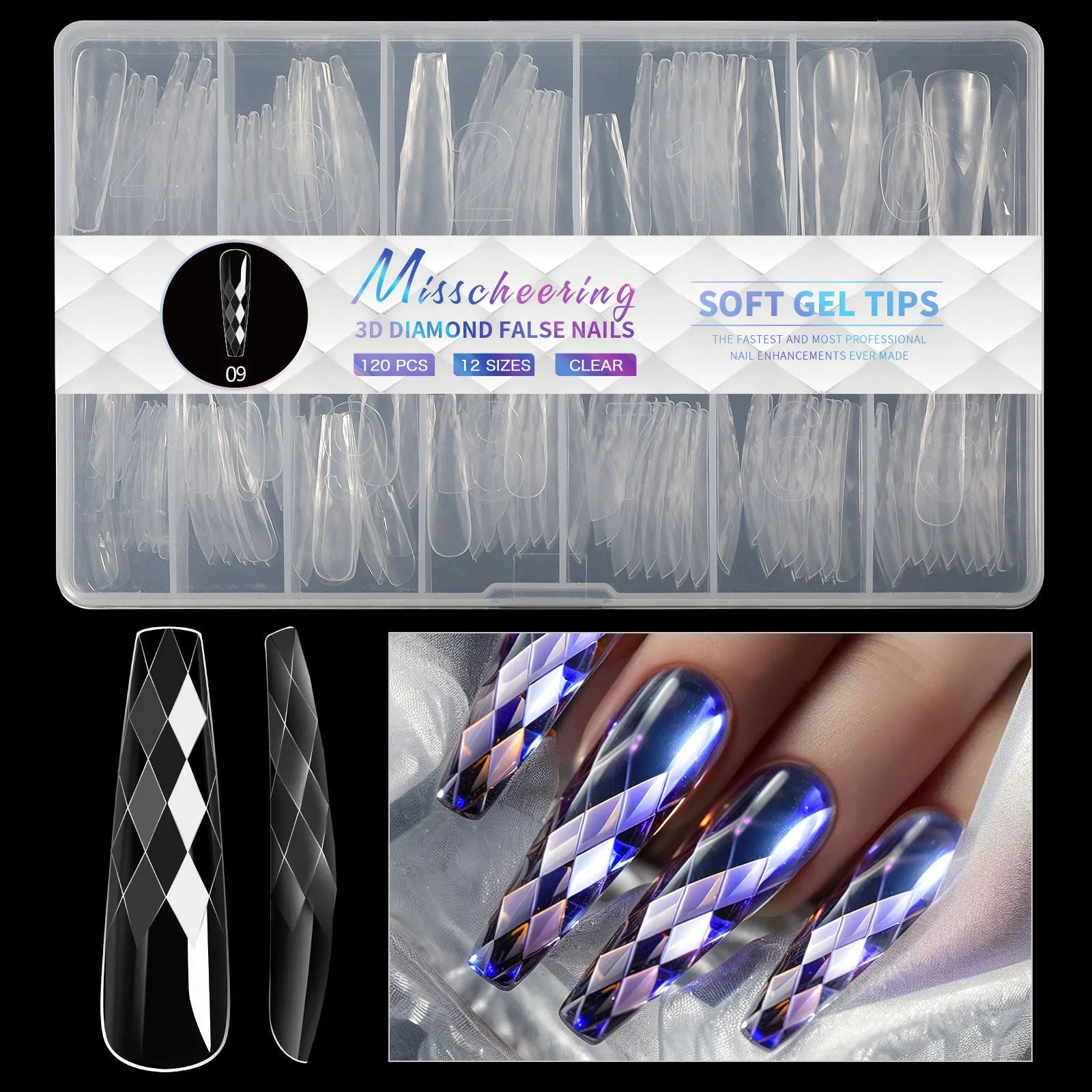 Set of 3D diamond texture long artificial nail tips in various colours from Diamond Nail collections.