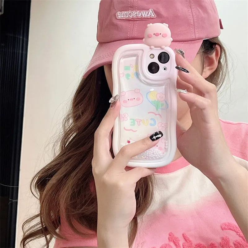 Pink lying pig quicksand phone case for iPhone with moving liquid inside water bag