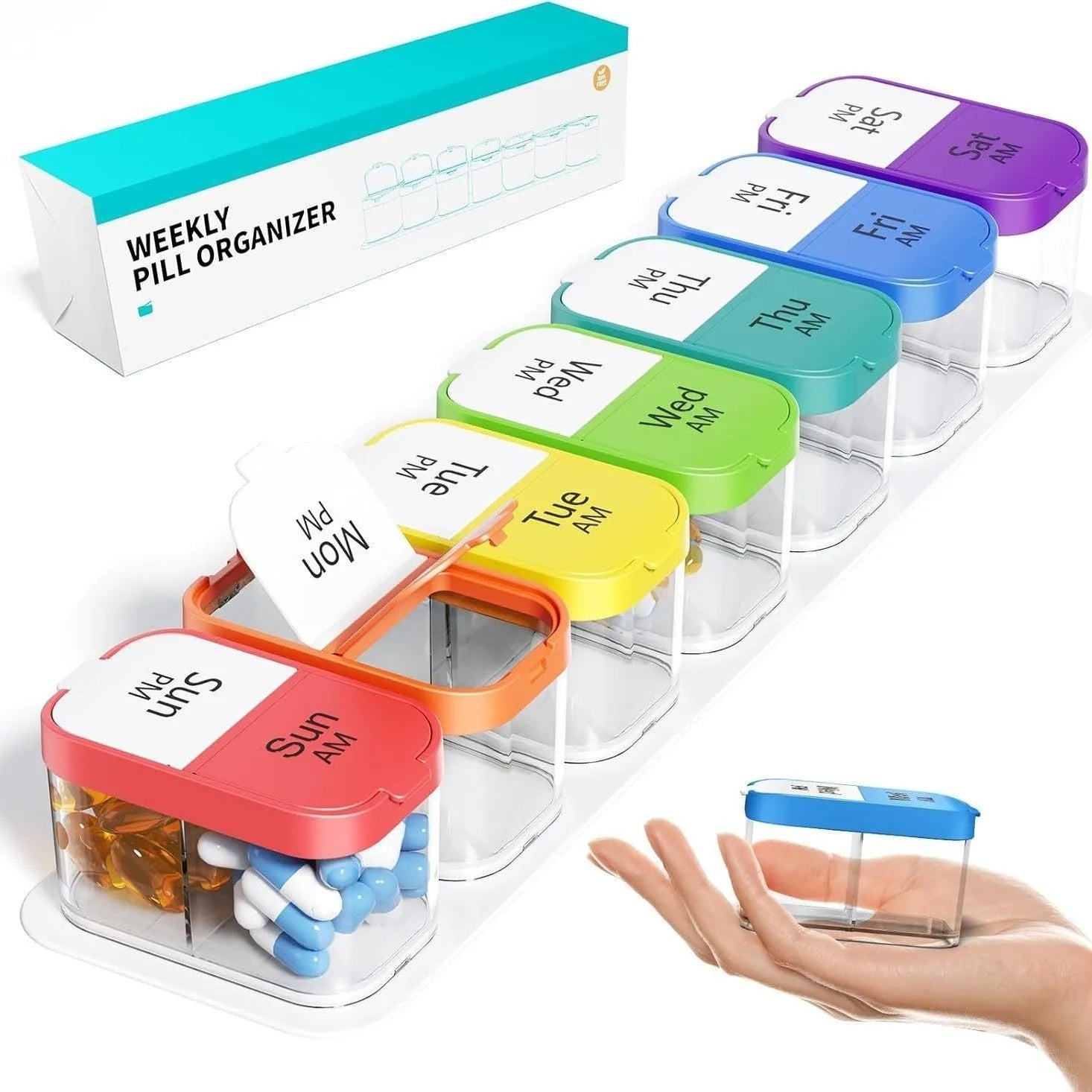 14 compartment portable pill box dispenser with removable sections in white or rainbow colours