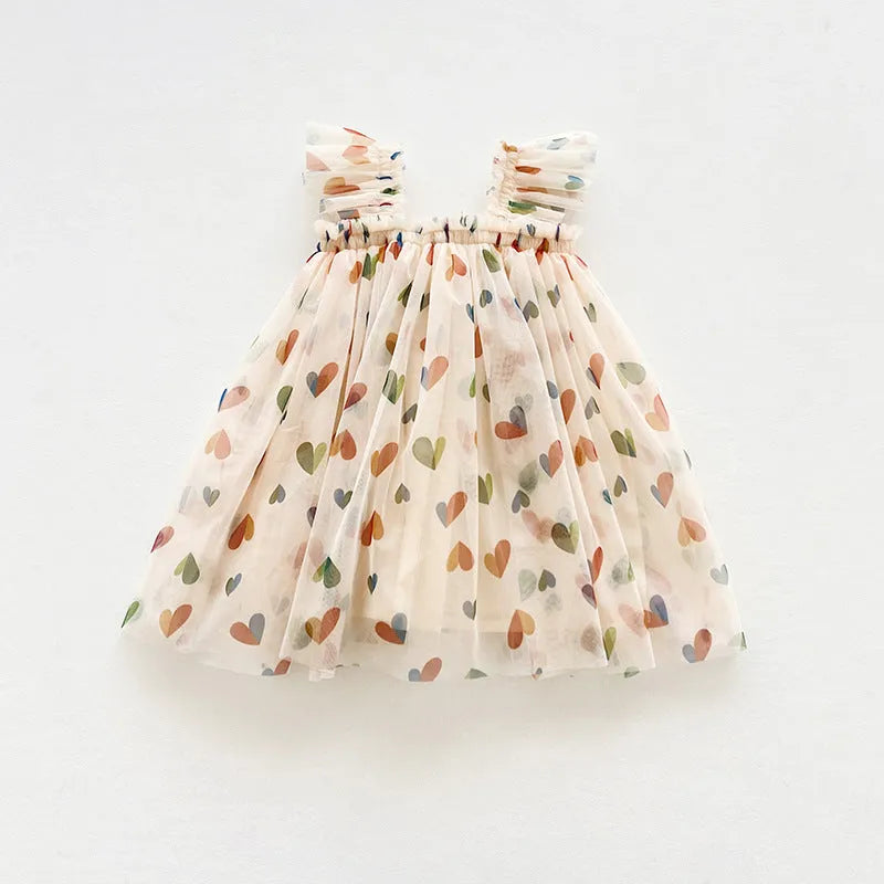 Girls summer dress with heart print mesh outer and cotton lining, pink or apricot, sizes 80cm to 130cm