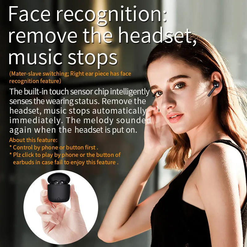 Black true wireless stereo Bluetooth headset earbuds on a white background.
