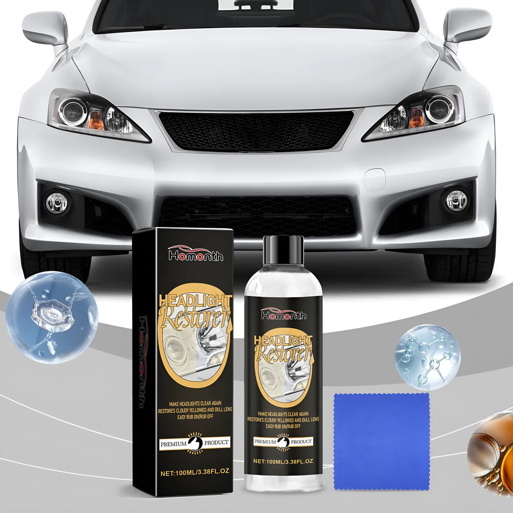 Car headlight polishing kit showing 100ml bottle and 20x20cm microfiber cloth for plastic lens restoration