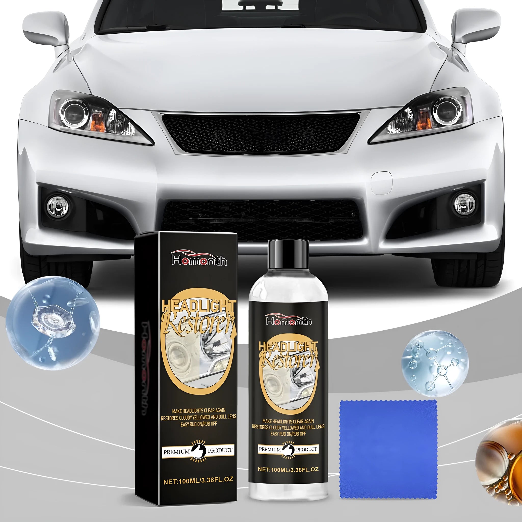 Car headlight polishing kit showing 100ml bottle and 20x20cm microfiber cloth for plastic lens restoration