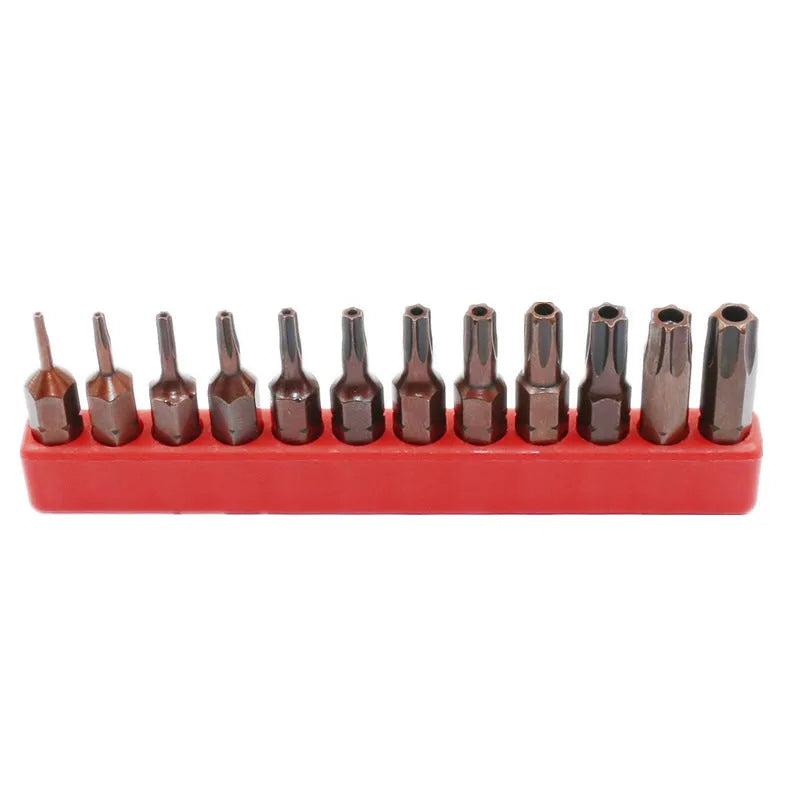 12-piece black magnetic screwdriver bit set showing T6 to T40 tips with hexagon shanks