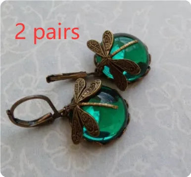 Gold colour dragonfly drop earrings with carved metal pattern and inlaid multicolour stone for women