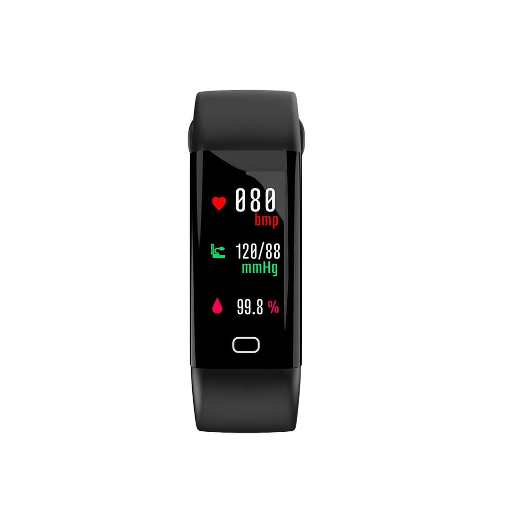 Smart fitness band with large colour screen and black strap on wrist