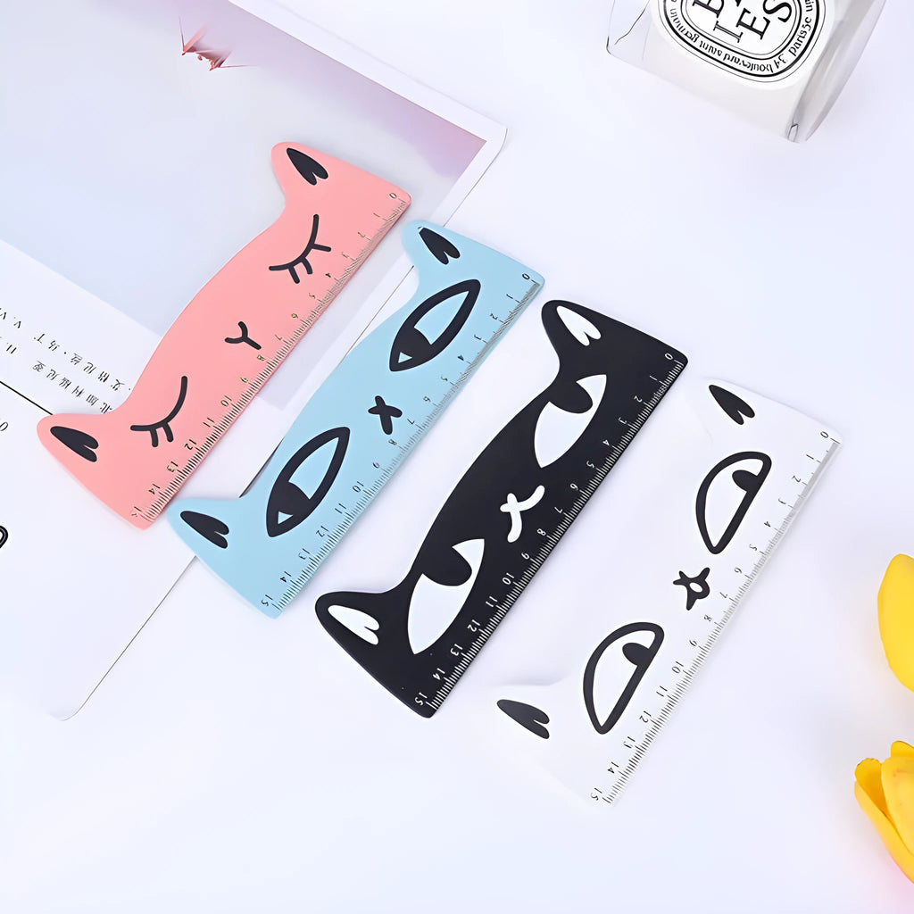 Kawaii candy colour cat wooden ruler, approximately 13cm by 2.5cm, in black, blue, pink, or white.