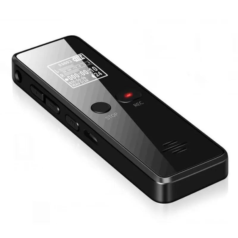 Black zinc alloy USB voice recorder and MP3 player showing LCD screen and USB connector