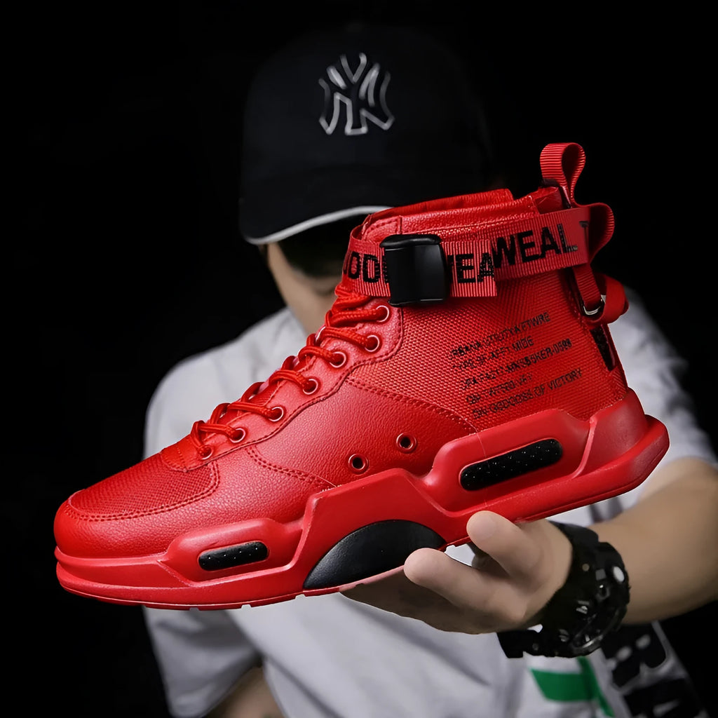 Men's high-top canvas sneakers in Black, Red, White, and White red with non-slip PU outsole
