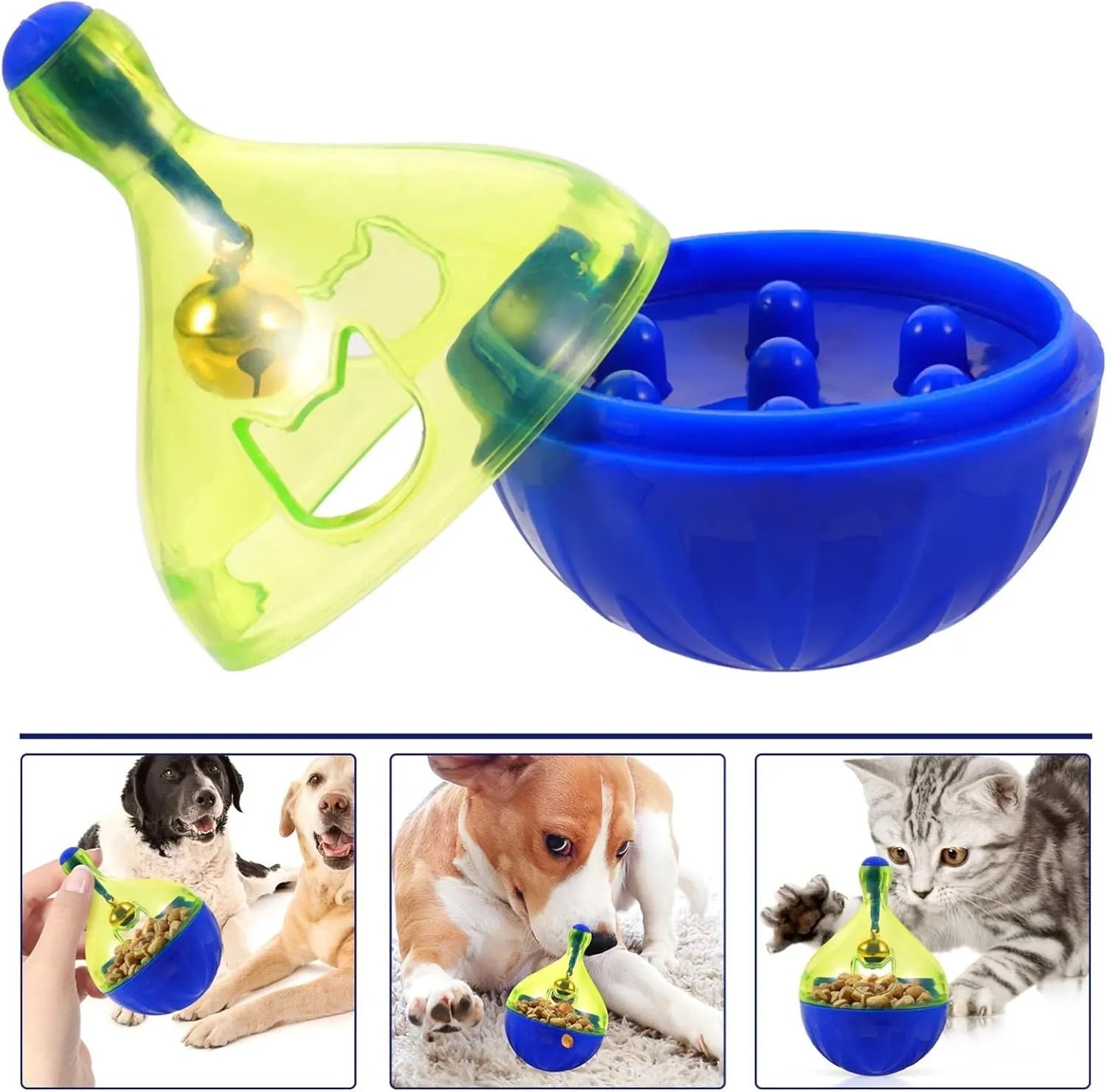 Blue and white tumbler-shaped plastic pet treat dispenser ball on a wooden floor.