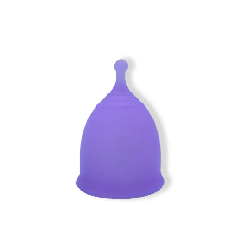 Medical grade silicone menstrual cup in black, blue, pink, purple or transparent, sizes S 42mm and L 46mm, top type shape.