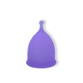 Medical grade silicone menstrual cup in black, blue, pink, purple or transparent, sizes S 42mm and L 46mm, top type shape.