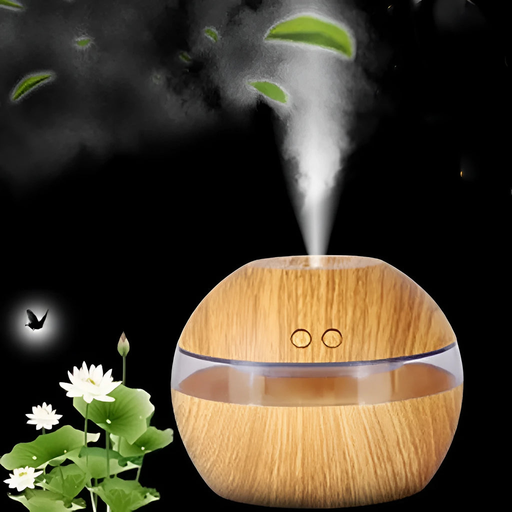 Brown wood grain USB humidifier with water tank and adjustable mist control