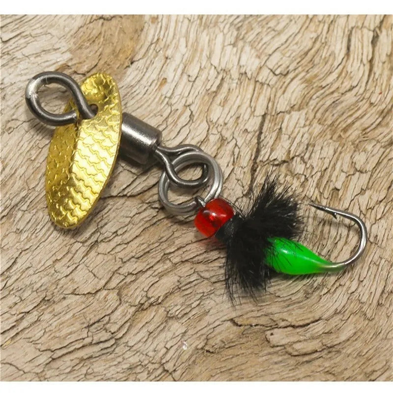 5 bionic mosquito and fly fishing hooks with spinning sequins in multicolour patterns