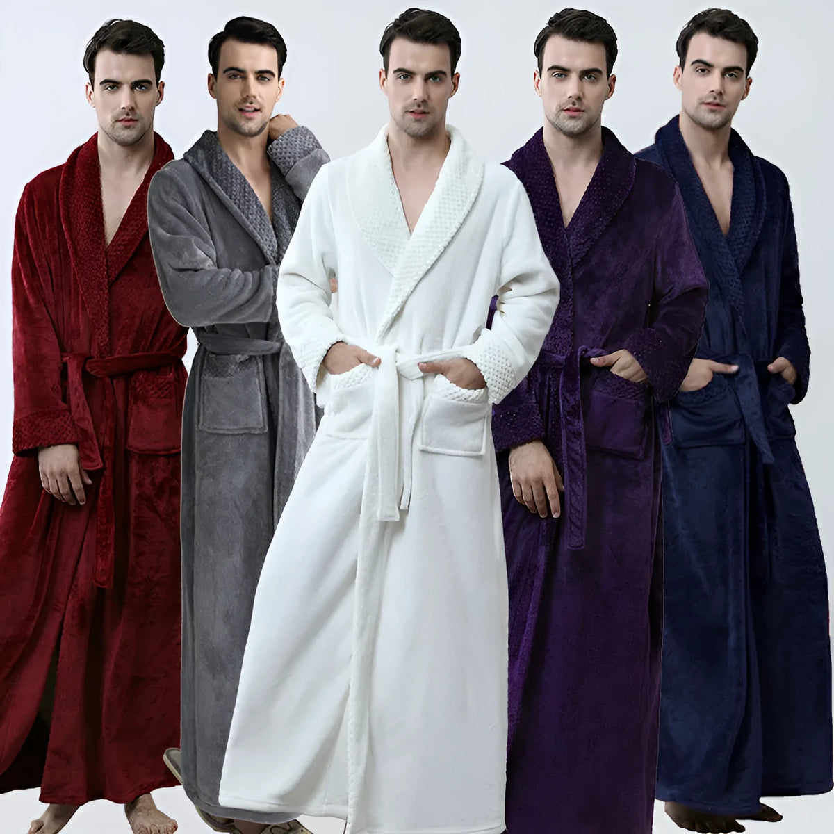 Men's winter coral fleece cardigan nightgown in thick flannel, long sleeves, available in multiple colours