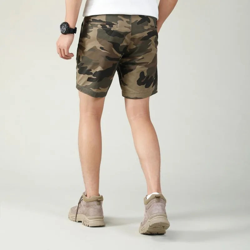 Cotton workwear shorts in camouflage pattern with zip fly and mid-waist fit