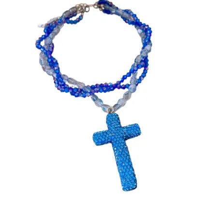 Multi-layer micro glass bead diamond-studded necklace in silver-blue with adjustable clavicle chain