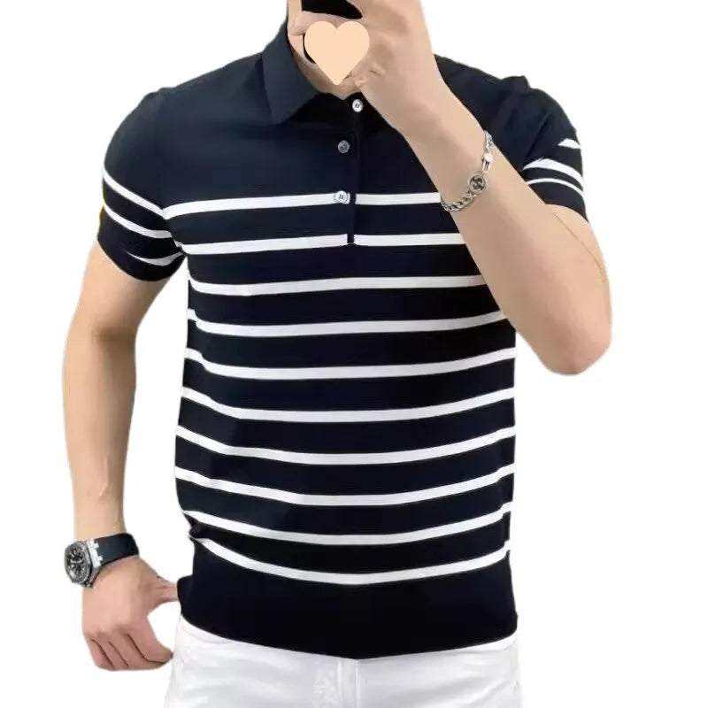 Striped lapel knitted T-shirt in black and white colour options showing polyester blend fabric