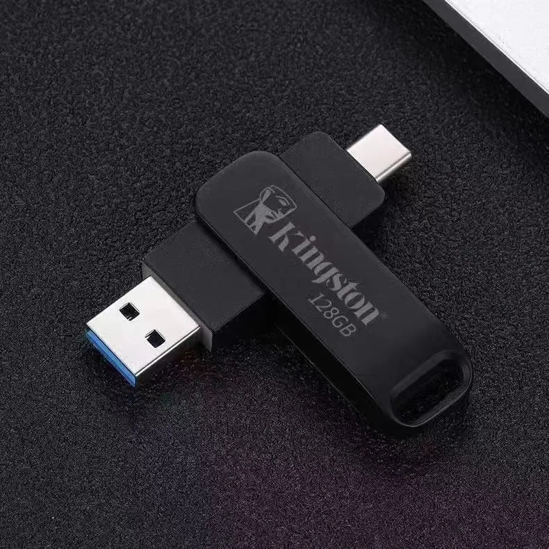 Rotating metal USB flash drive with dual USB-C connector in silver or black finish