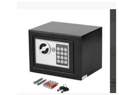 Mini office safe with password lock in white finish, compact size for desk or shelf placement