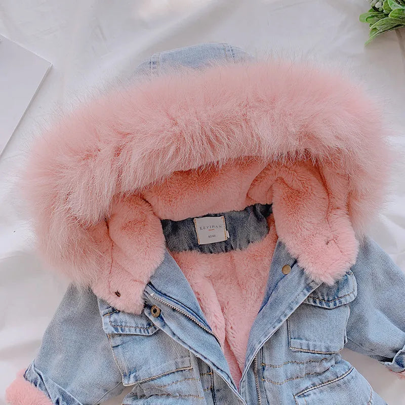 Blue denim coat for a girl with an attached hood and velvet lining.