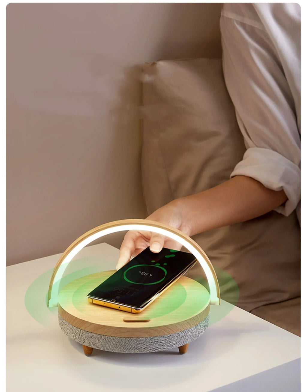 Multi-function wireless charging night light in marbling finish with touch switch and Bluetooth speaker