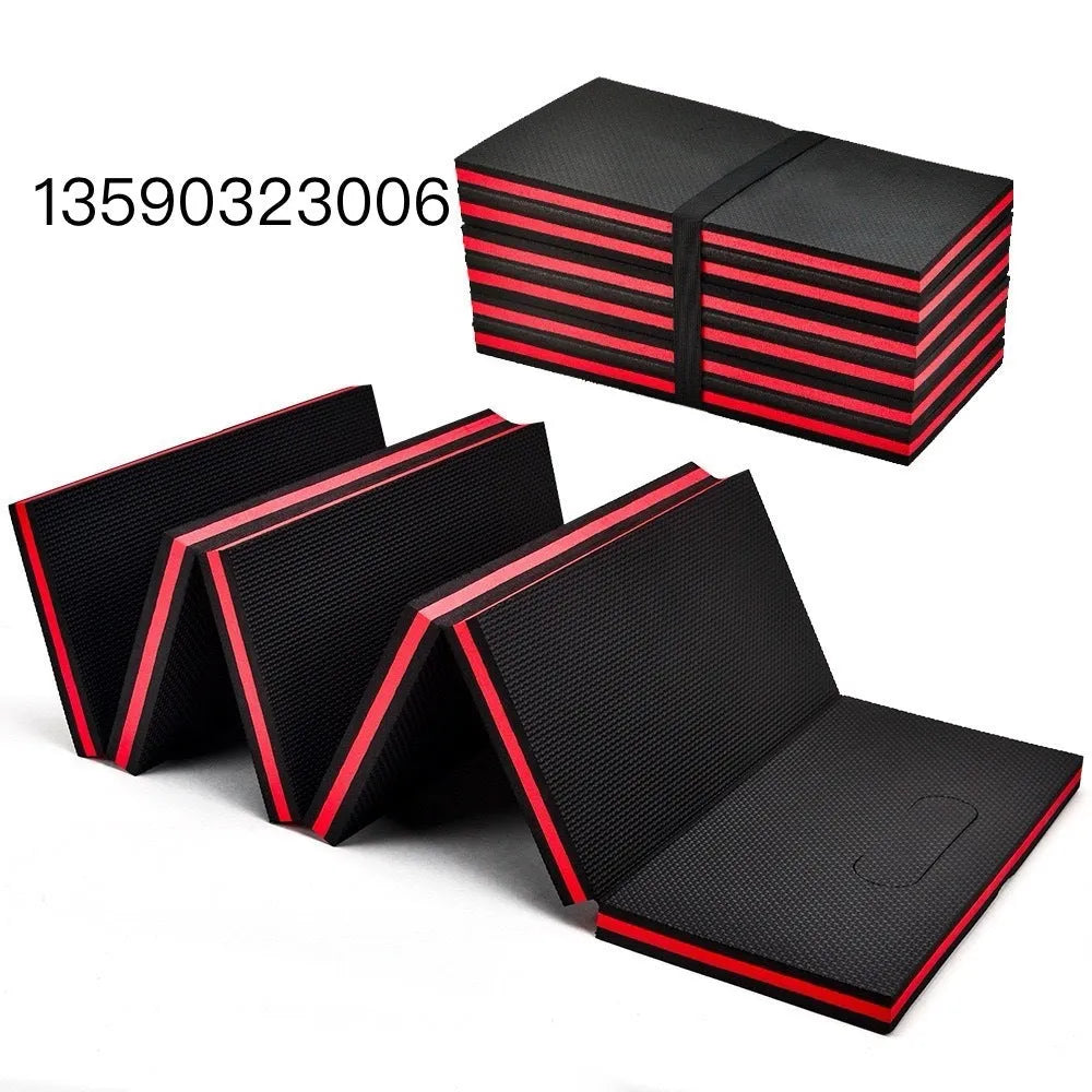 Folding EVA kneeling mat for car repair work with dimensions 116x40x2.5cm shown open and folded