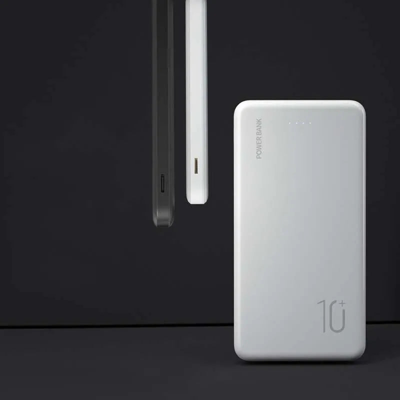 Ultra-thin 10000mAh power bank in black with multi-U port output on a white background