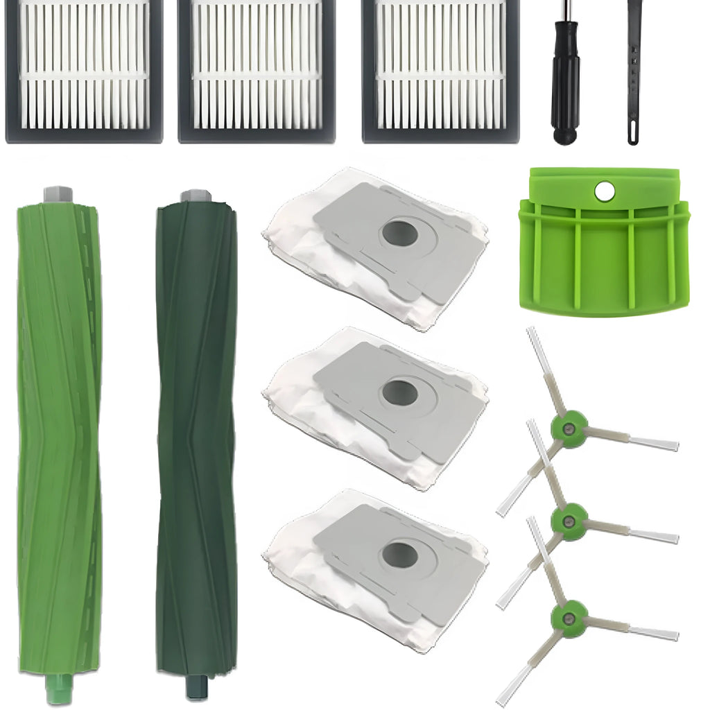 i7 sweeping robot accessories including rolling brush, side brush, filter screen, and two types of dust collection bags