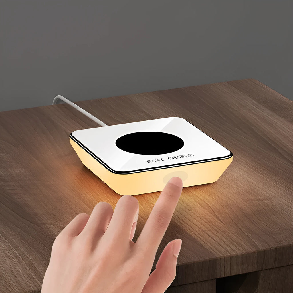 15W wireless phone charger touch controllable bedside lamp black edge white surface silicone