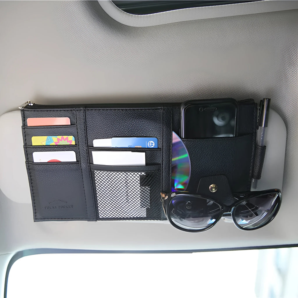 Beige PU car storage bag with compartments, 30x14.5cm, mounted on sun visor