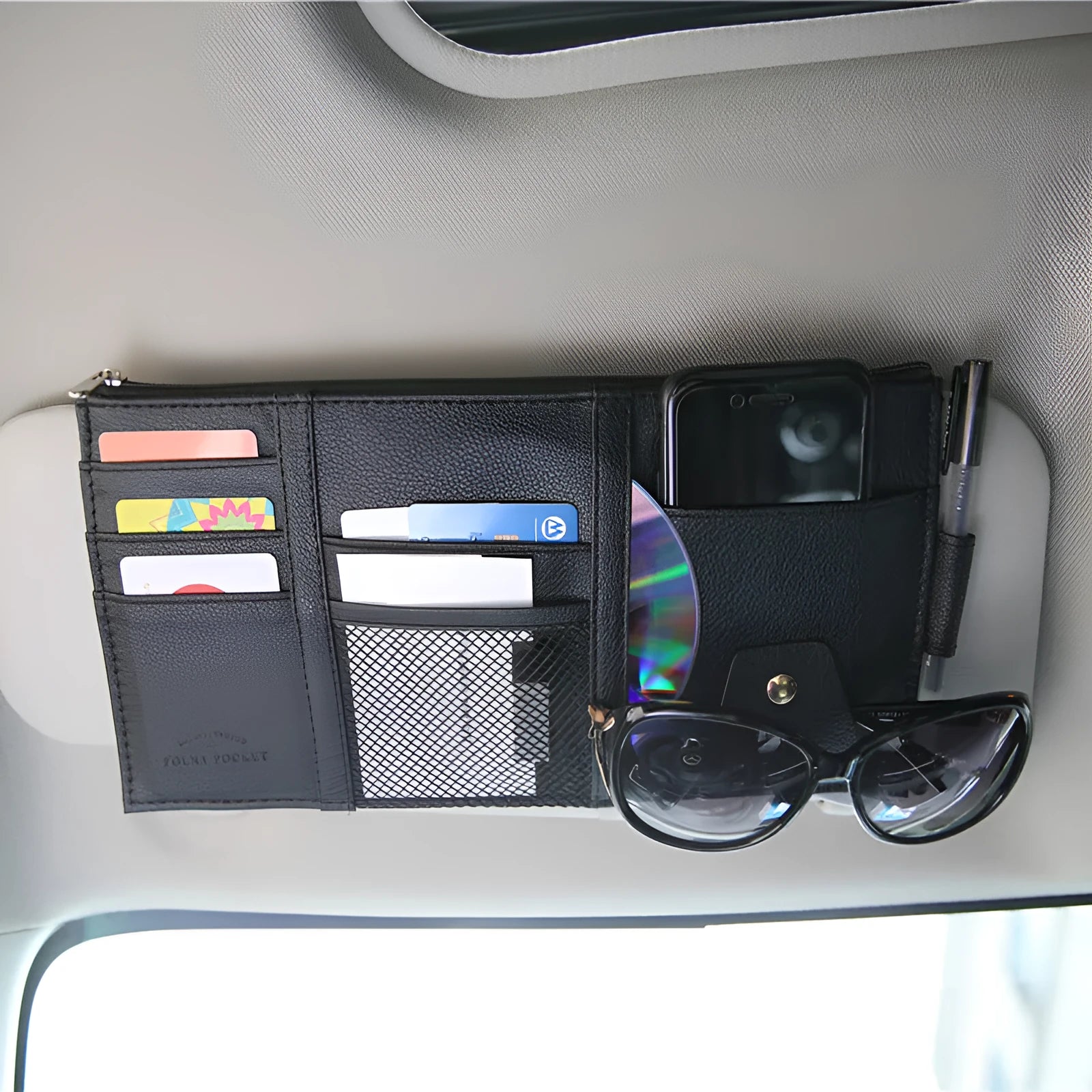 Beige PU car storage bag with compartments, 30x14.5cm, mounted on sun visor