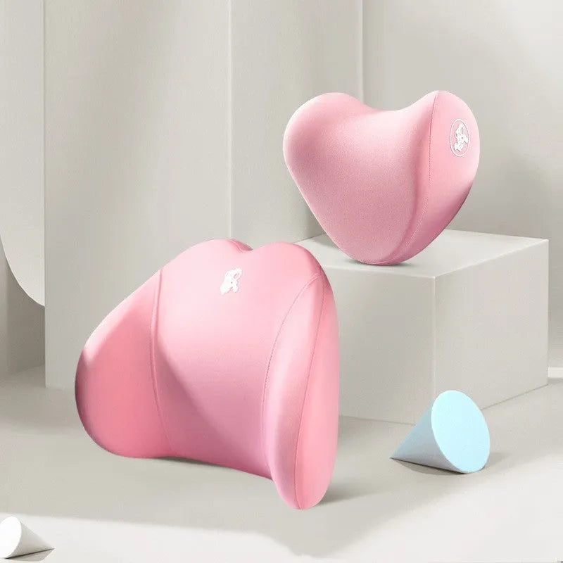 Memory foam car pillow set with heart pattern in black, including headrest and lumbar support pillows