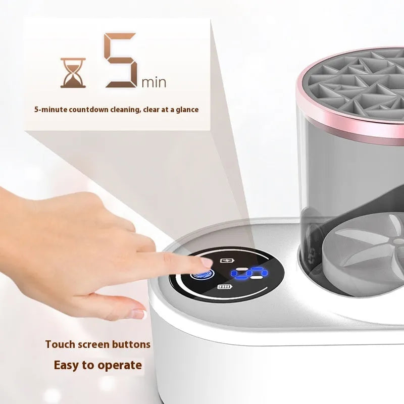 Electric makeup brush cleaner with drying chamber showing brushes inside cleaning device