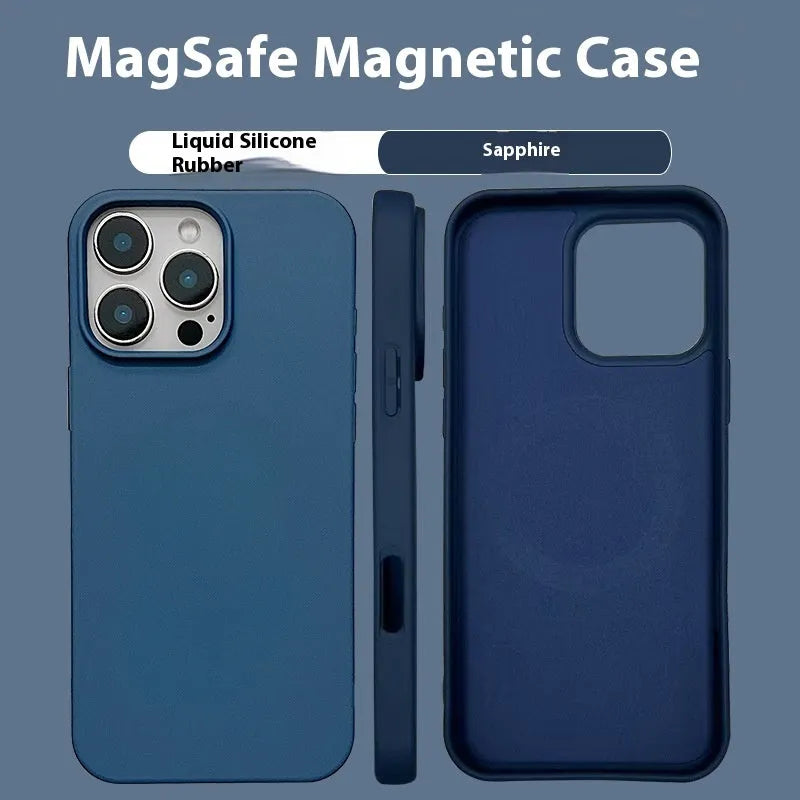 TPU liquid magnetic phone case for iPhone with big hole camera cut-out in antique white, black and sapphire blue