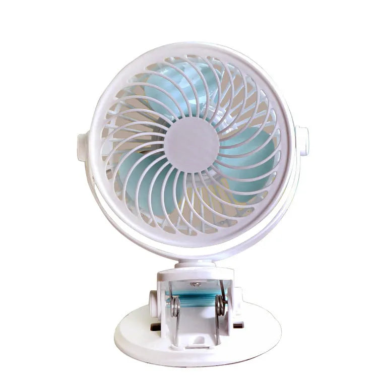 USB-powered portable desk fan showing clip and floor style options with compact design
