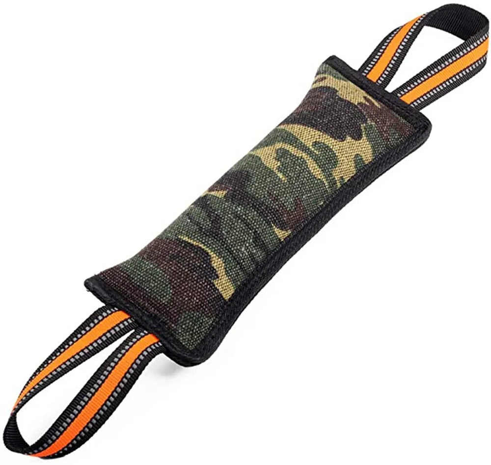 Long jute dog bite stick with reflective yellow edges on a grey background.