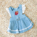 Bondi Blue denim-style dog skirt with a red strawberry appliqué on the front.
