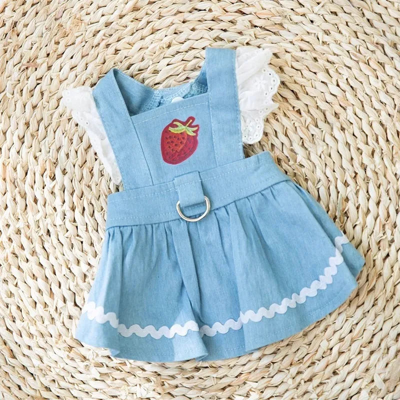 Bondi Blue denim-style dog skirt with a red strawberry appliqué on the front.