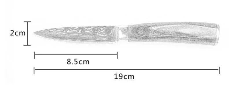 7Cr17 stainless steel kitchen knife with Damascus patterned 18 cm blade and coloured wood handle