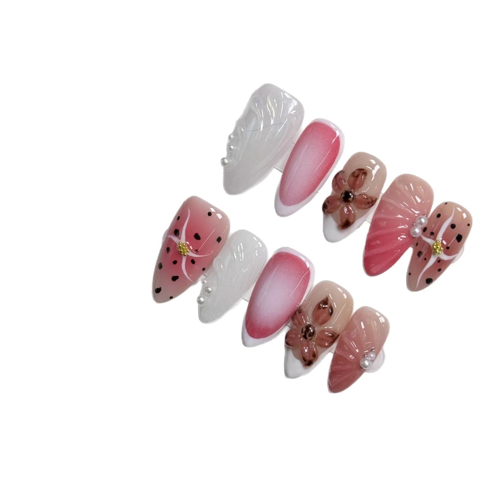 Hand-painted 3D nail art stickers with carved candy patterns in almond shapes