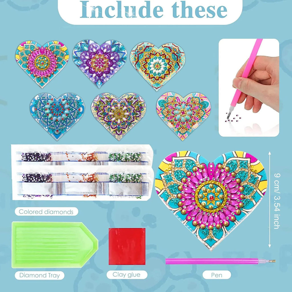 Set of six handmade PU leather bookmarks with crystal details and floral painting.