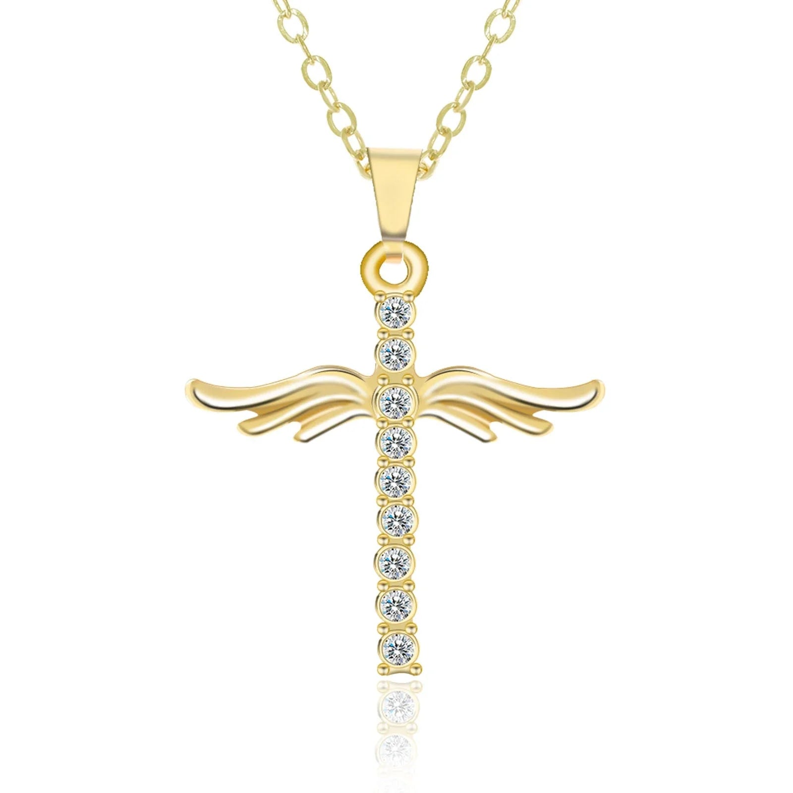 Elegant angel wings cross pendant necklace with stainless steel chain for women's fashion and jewelry gift