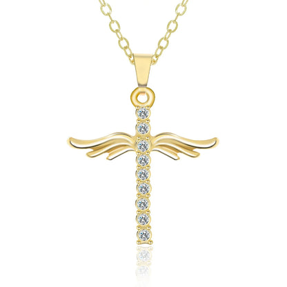 Elegant angel wings cross pendant necklace with stainless steel chain for women's fashion and jewelry gift